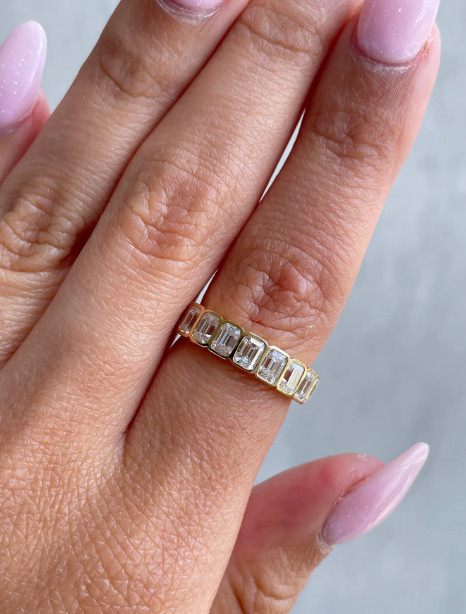 5*3 MM Emerald Cut Moissanite Bezel Set wedding Band, Anniversary Band For wife.