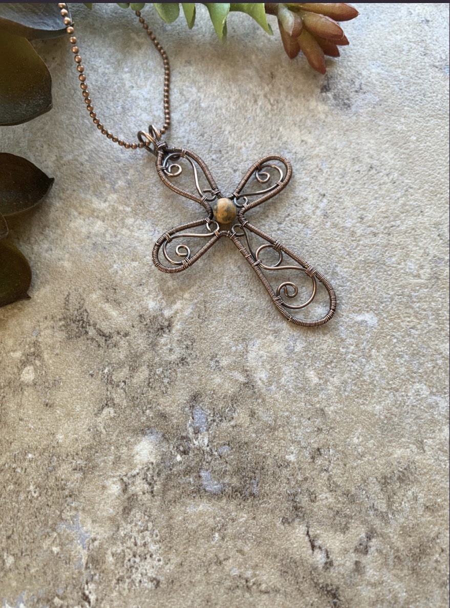 Handmade Copper Wire Wrapped Cross Pendant Necklace w Jasper Bead Artisan Boho