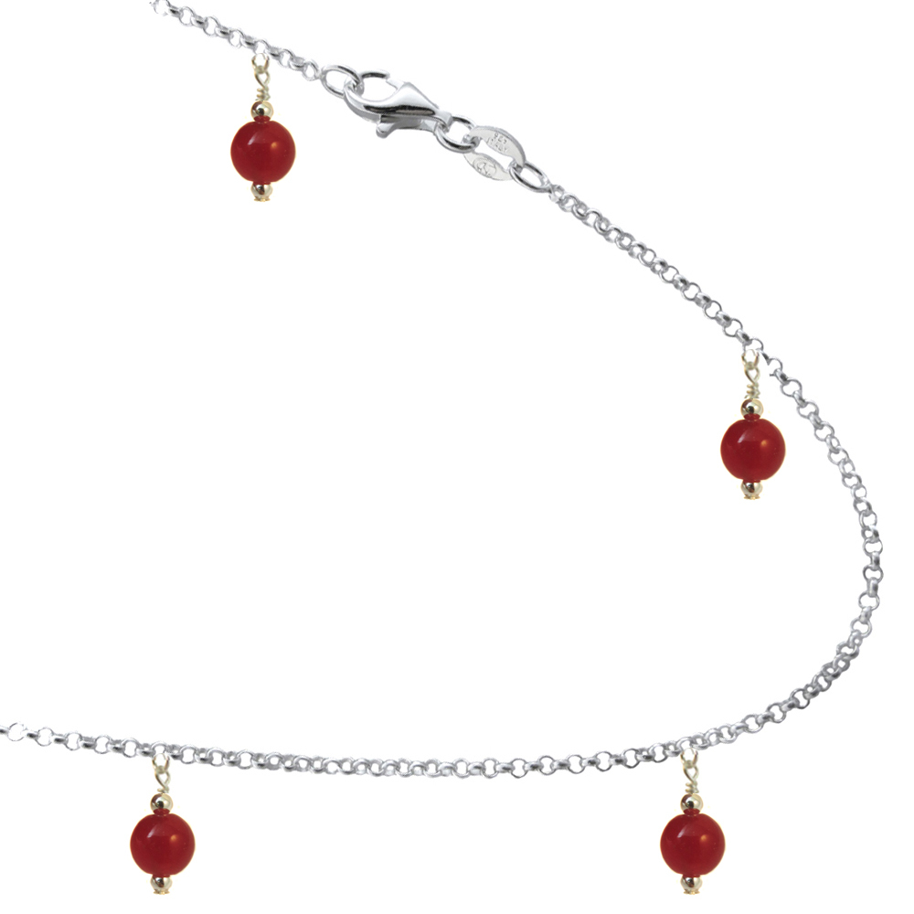 6mm Red Agate Colored Beads with Sterling Silver Link Bracelet Anklet 7″ to 13″
