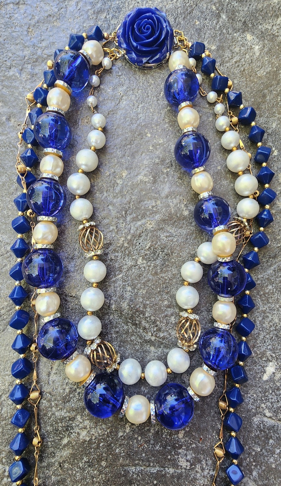 Vintage Upcycled 4 Strand Beaded Necklace. Blue An Gold