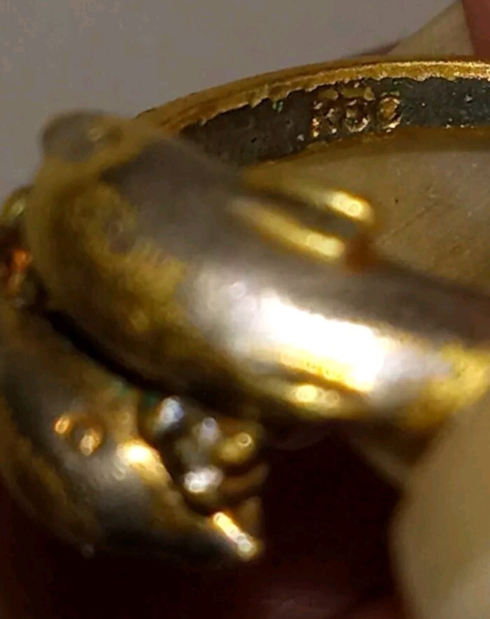 Double Dolphin Size 7 Ring With Gemstones Worn Patina 18K Stamped GF Or GE?