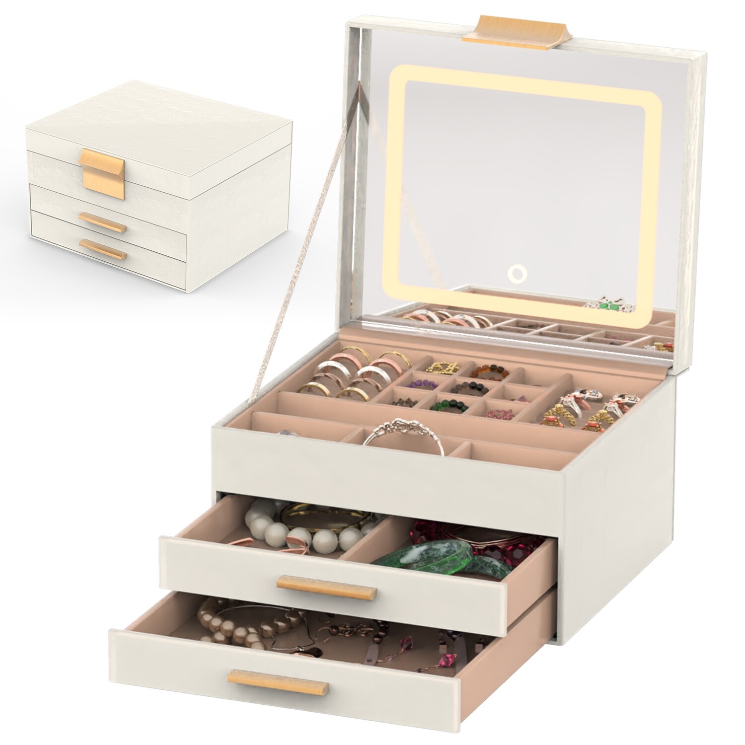 Jewelry Box w/ LED Mirror 3-Layer Jewelry Organizer 2 Drawers PU Jewelry Holder