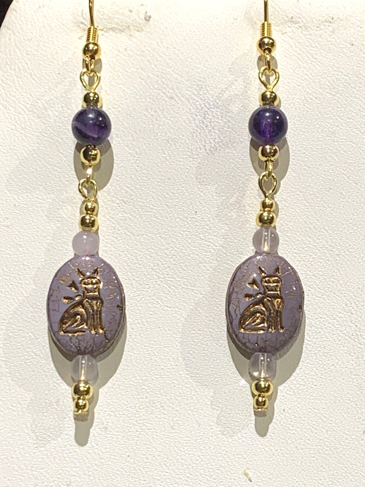 NEW SALE*HANDCRAFTED CZECH EGYPT CAT & AMETHYST TAPER DROP EARRINGS-NEW.g#2
