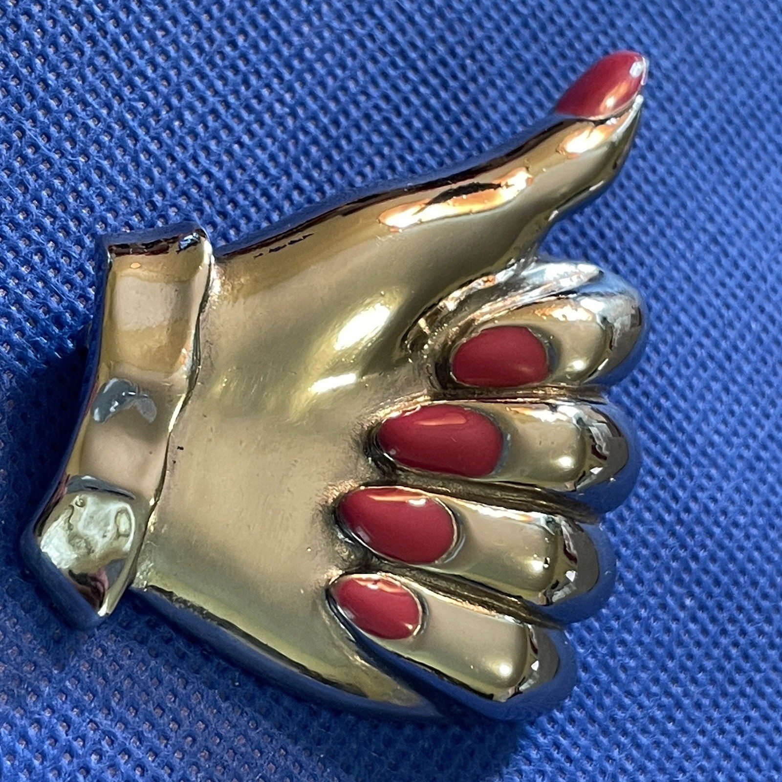 M JENT Hand Brooch Vintage Thumbs-Up Pink Painted Fingernails Silvertone Metal