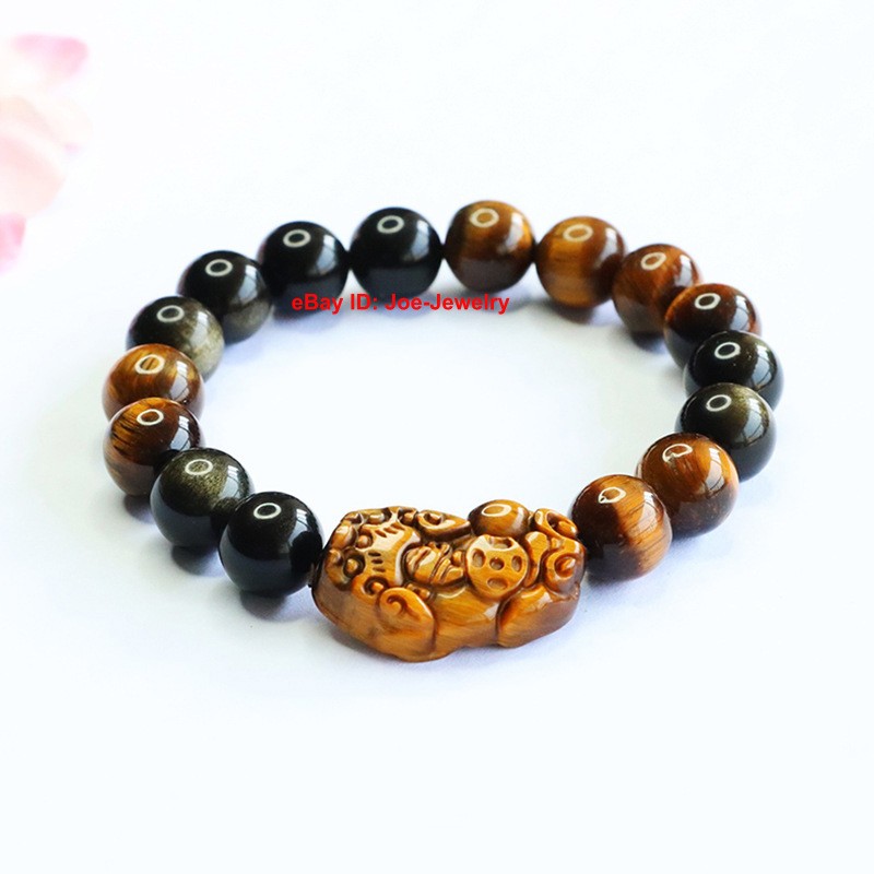 Natural Tiger’s Eye Quartz Pixiu Elastic Bracelet 10mm Bead Stretch 15-17cm