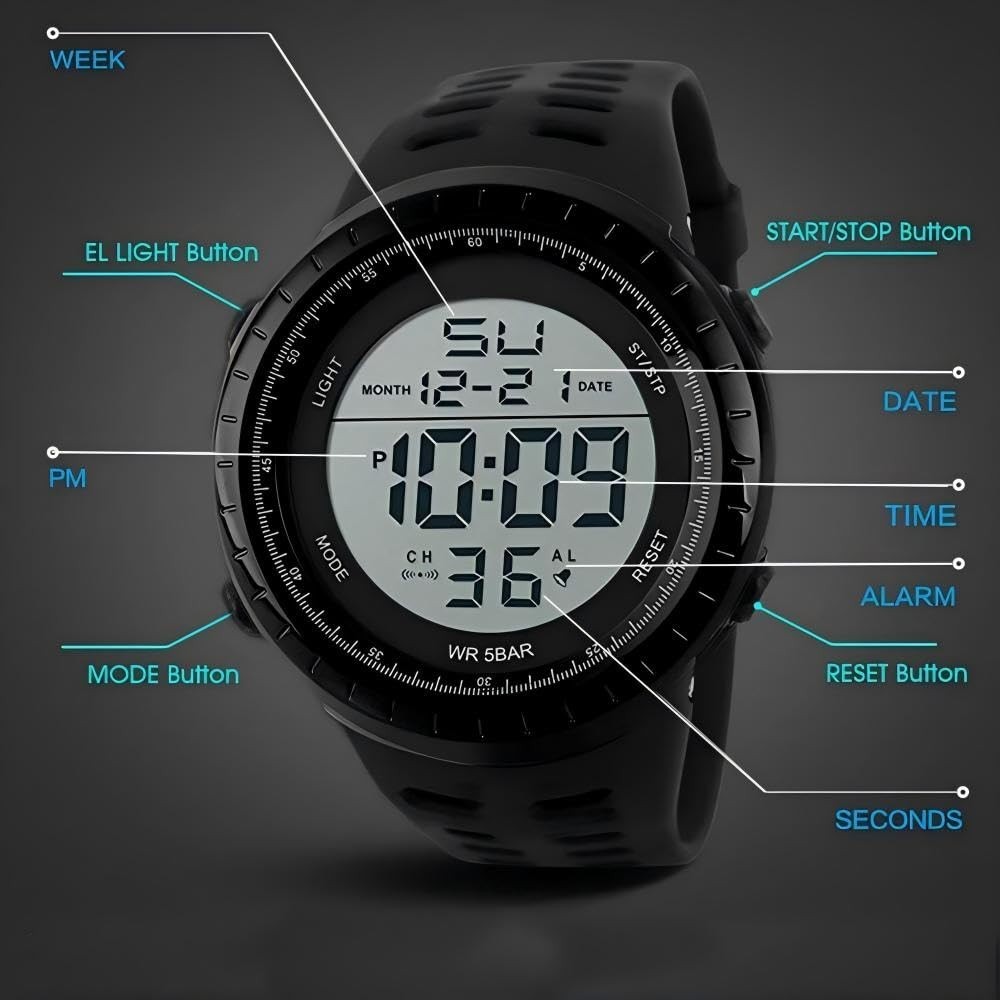 Men’s Waterproof Digital Sports Watch – LED Tactical Military Stopwatch Alarm