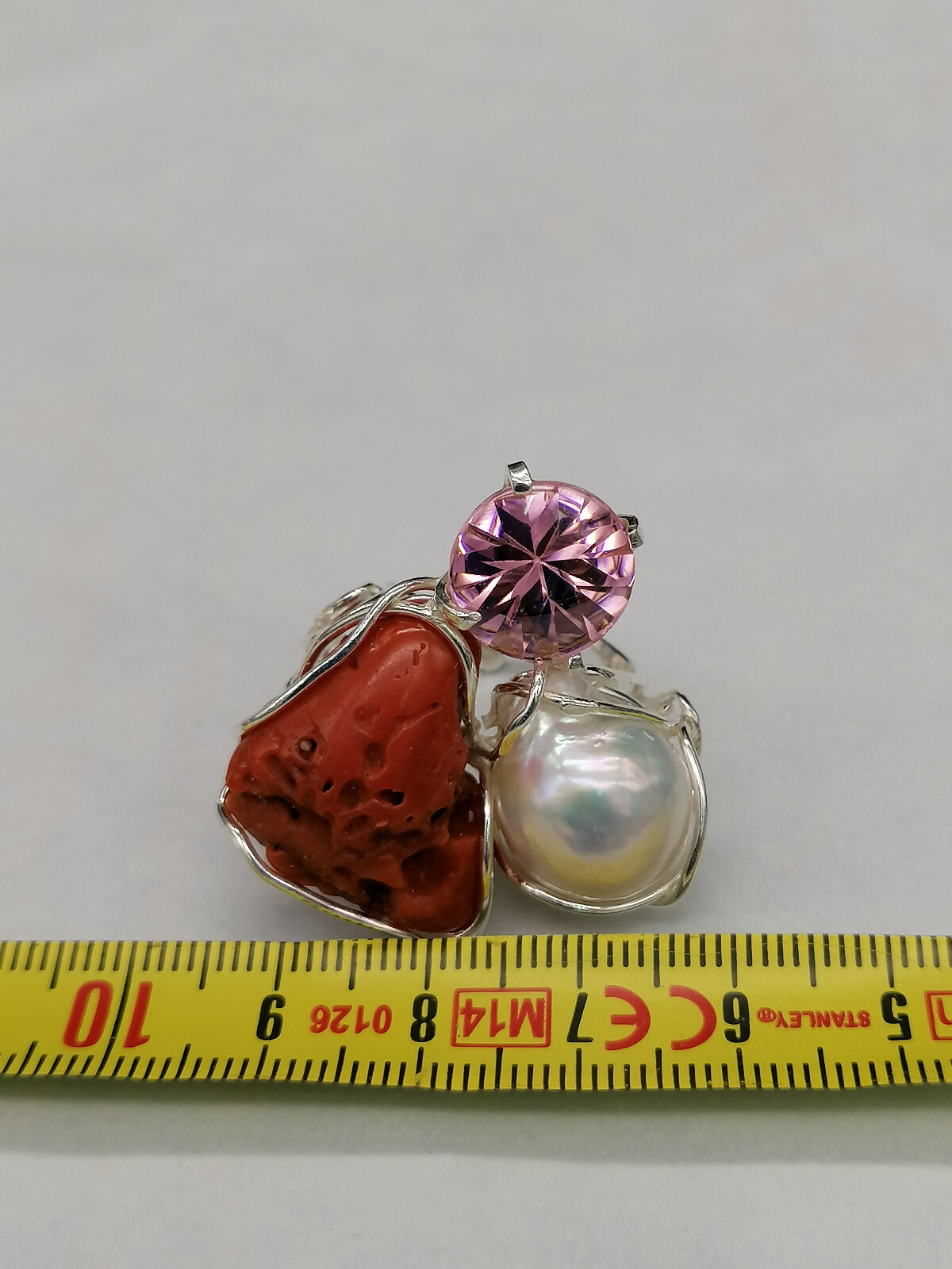 anello donna vero corallo rosso perla bianca swarovski rosa in argento bianco