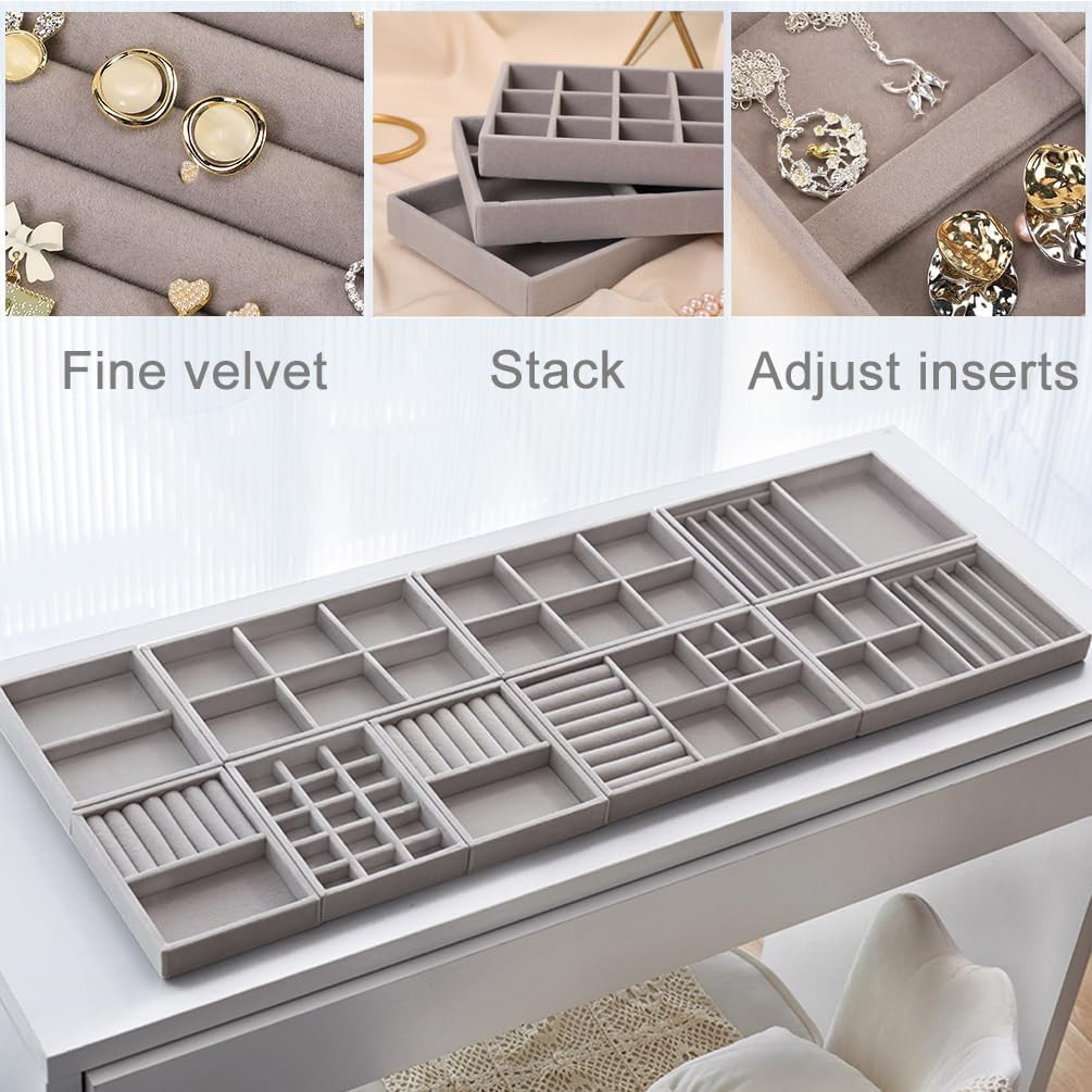 10 Pack Jewelry Organizer Tray Drawer Inserts Stackable Velvet Liner Dividers Cu