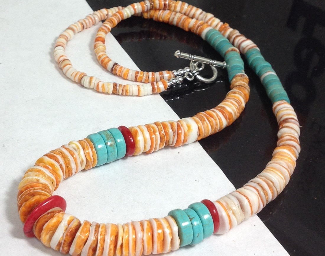 orange/white spiny oyster shell/turquoise/coral heishi necklace 22″(g180v-w1)