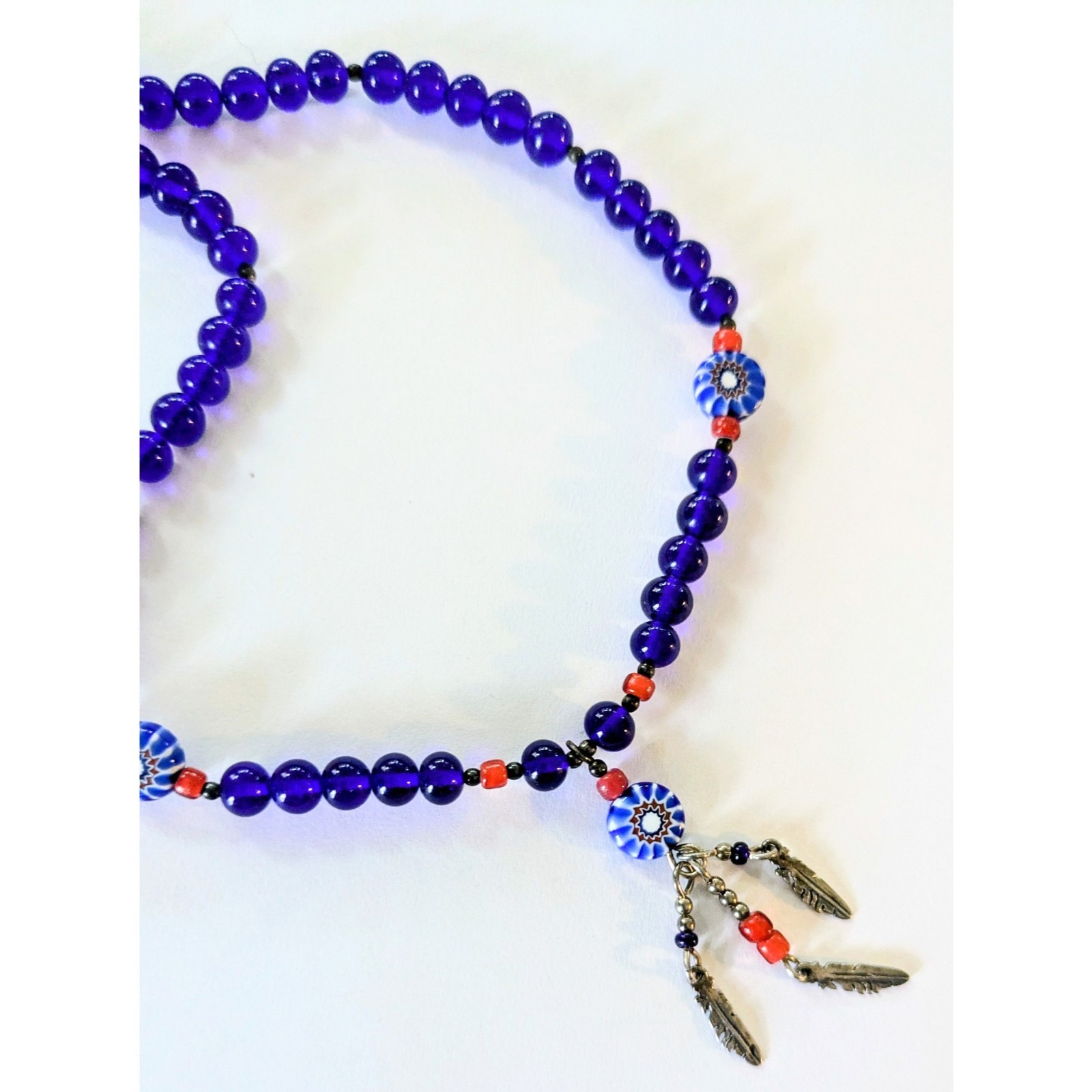 N.A. Style Sterling Silver Cobalt Blue Beaded Feather Pendant Necklace 23.5″