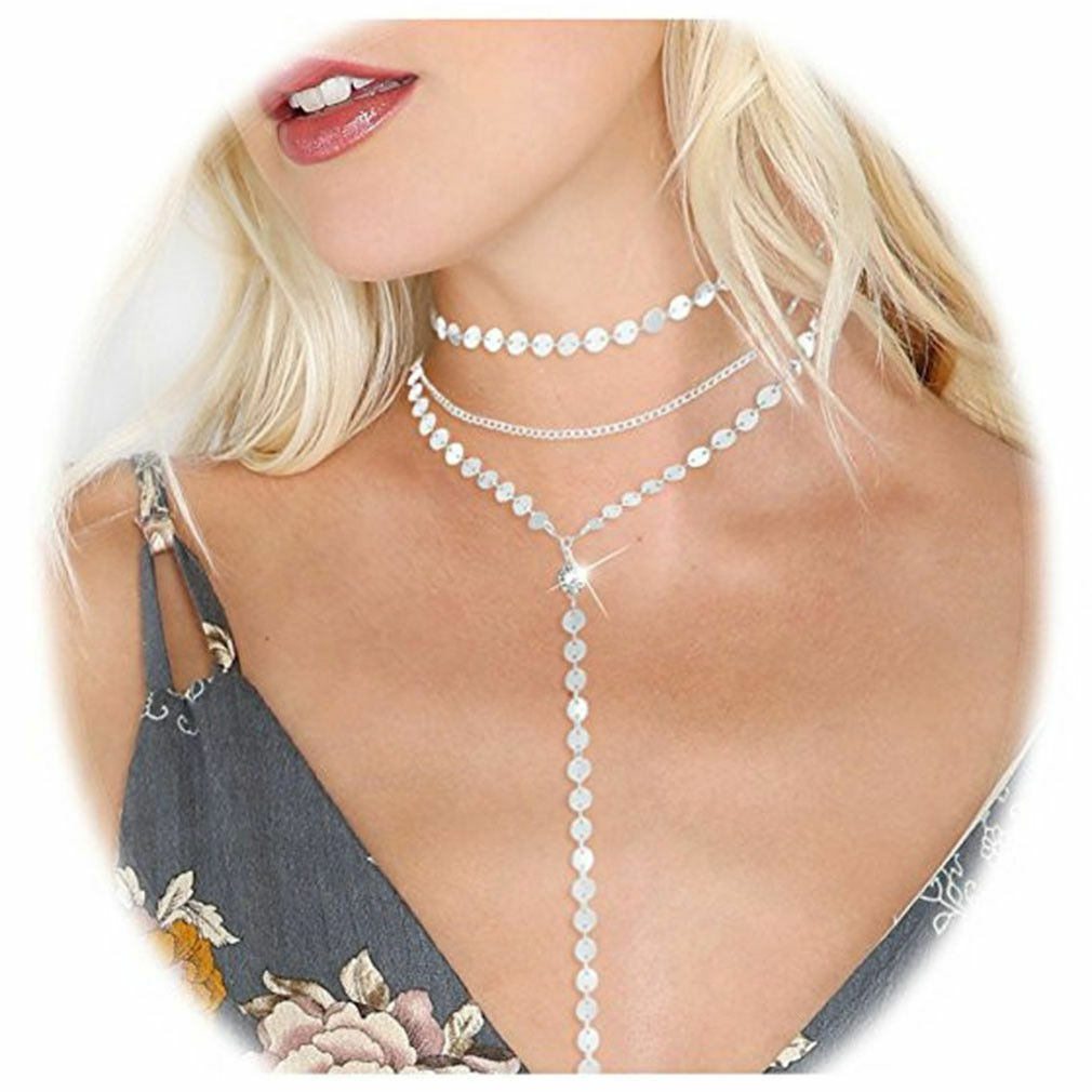 Sparkle Coin Necklace choker Rhinestone Lariat Silver Gold Layered Y Drop Chains
