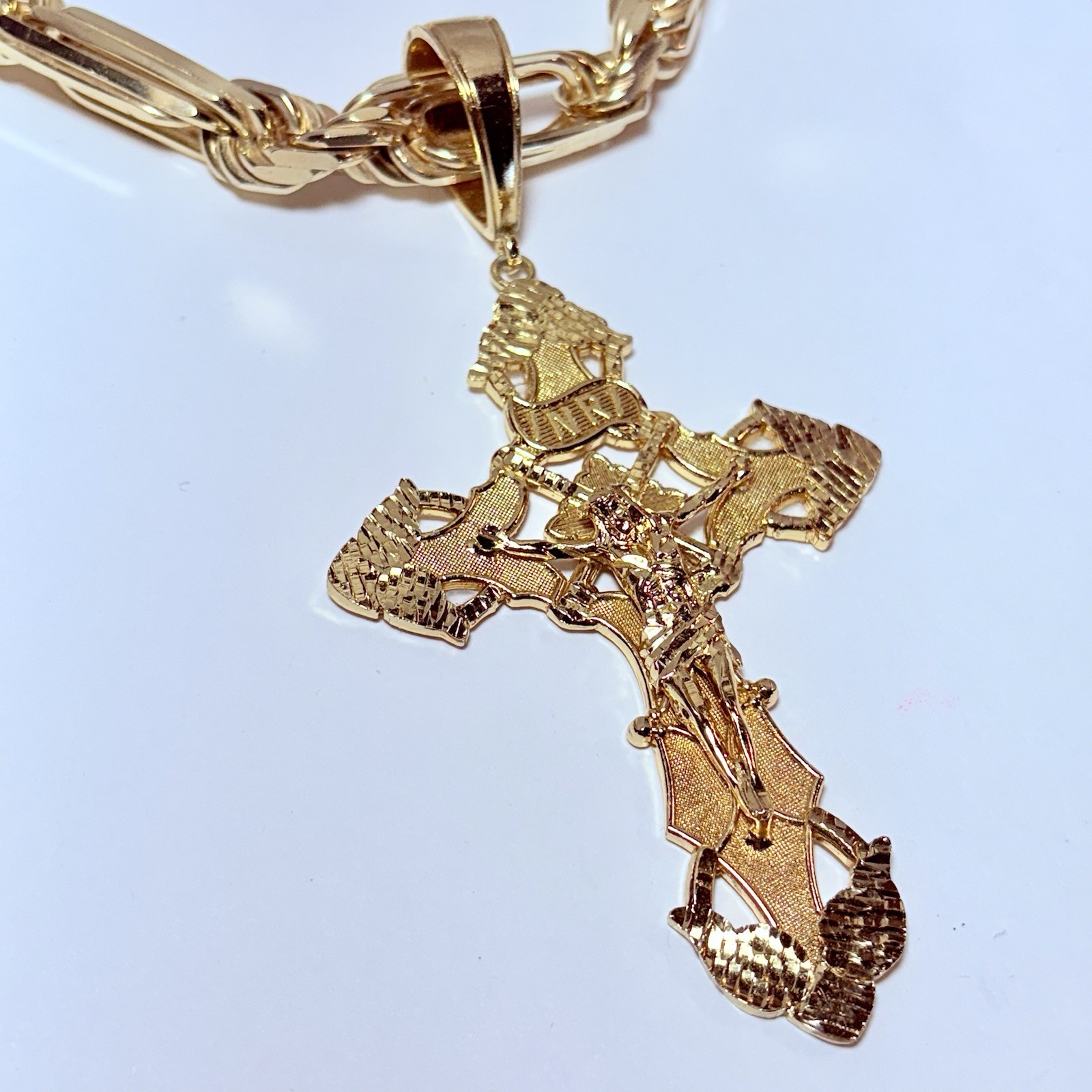 Italy Sterling Vermeil Cross Pendant 14mm 30″ Milano Figarope Necklace 396g