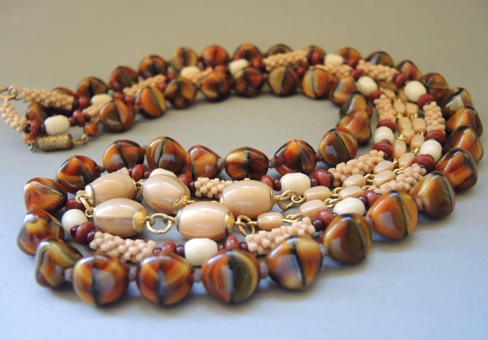 Vintage Czech Glass Necklace Lot 3 Faux Tiger Eye Snake Beads Satin Brown