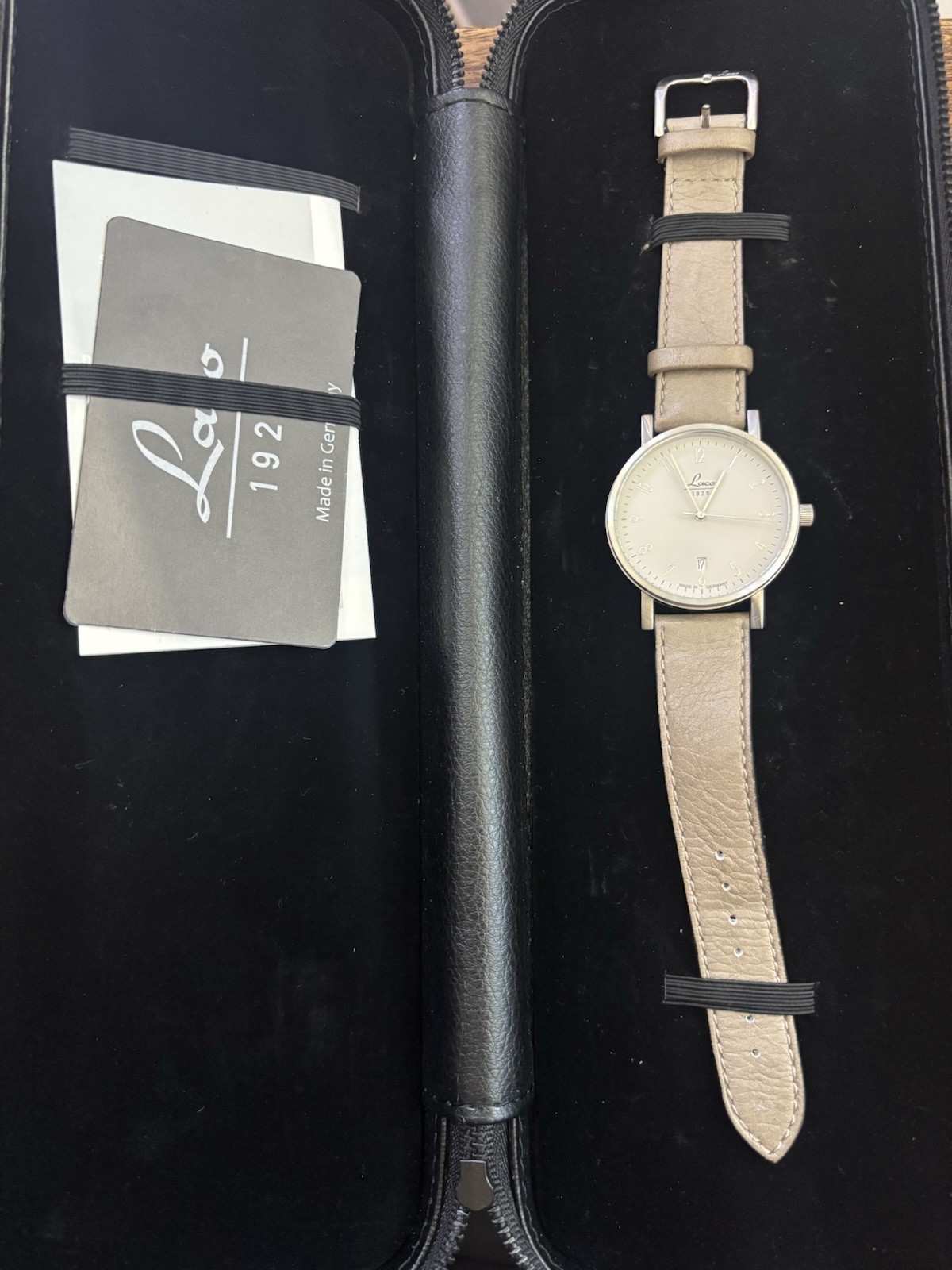 Laco Cottbus 40 Automatic 40mm Silver Dial Beige Leather Strap 50m Box Papers
