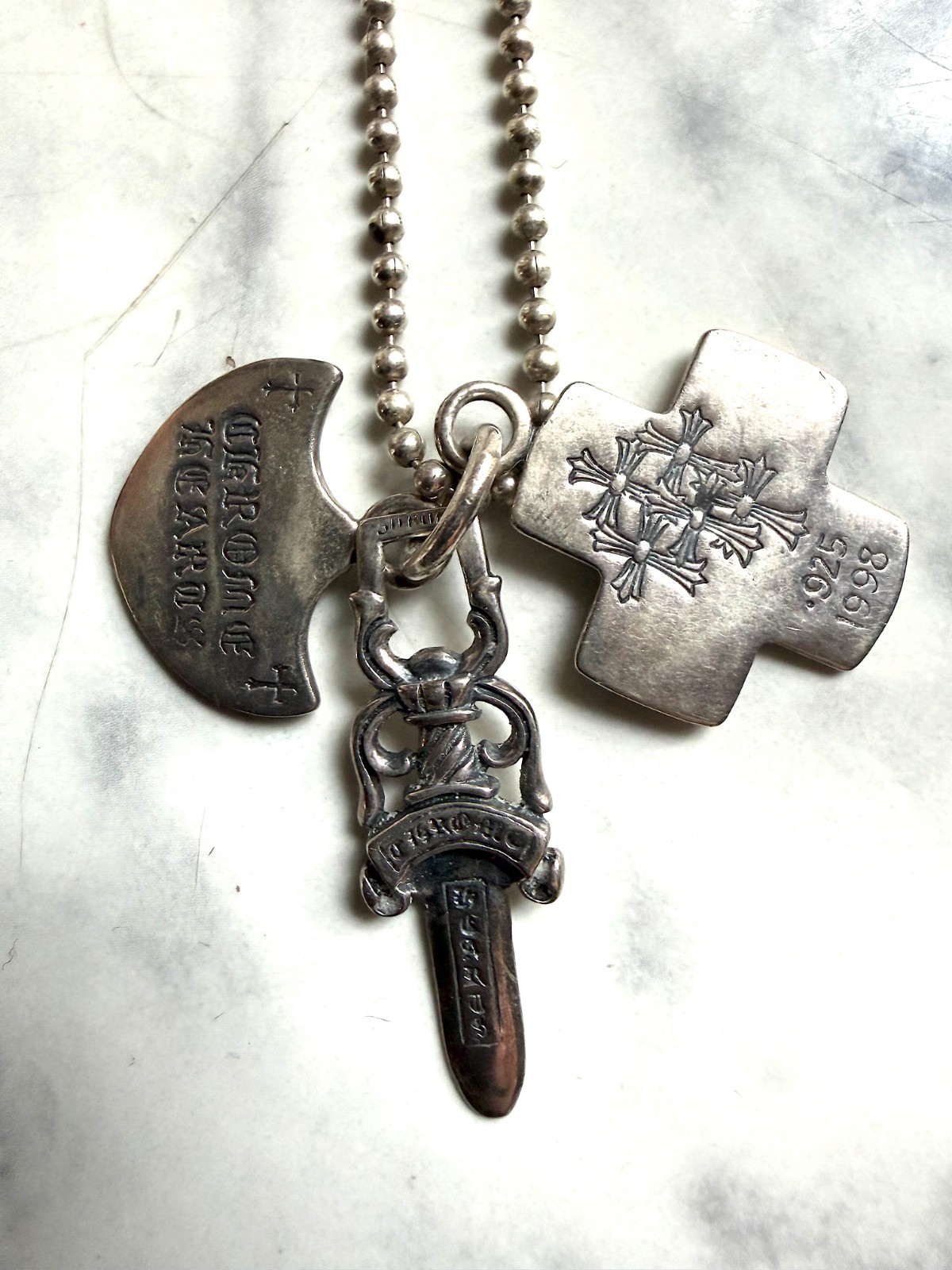 Chrome Hearts Sterling Silver 3-Pendant Necklace, Authenticity Card, Pouch, 2002