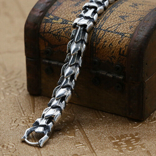 Real Solid 925 Sterling Silver Bracelet Bangle Link Chain Dragon Animal Jewelry
