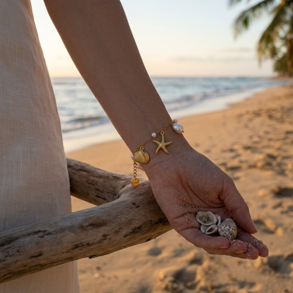 Ocean Starfish Shell Charm Bracelet Gold Tone Adjustable Beach Bracelet for Girl