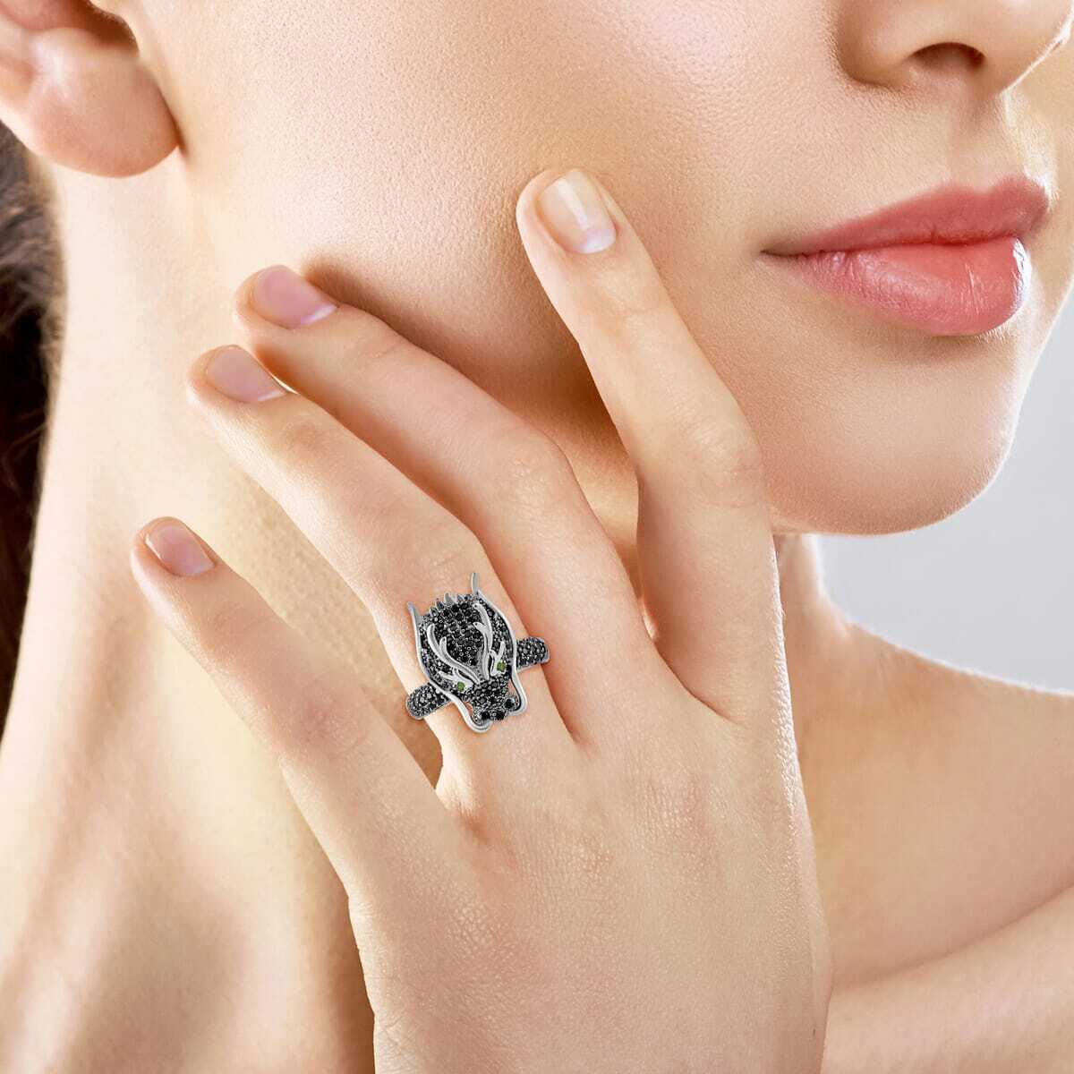 1.20ctw Black Spinel & Chrome Diopside Dragon Head Ring Rhodium Plated Size 7