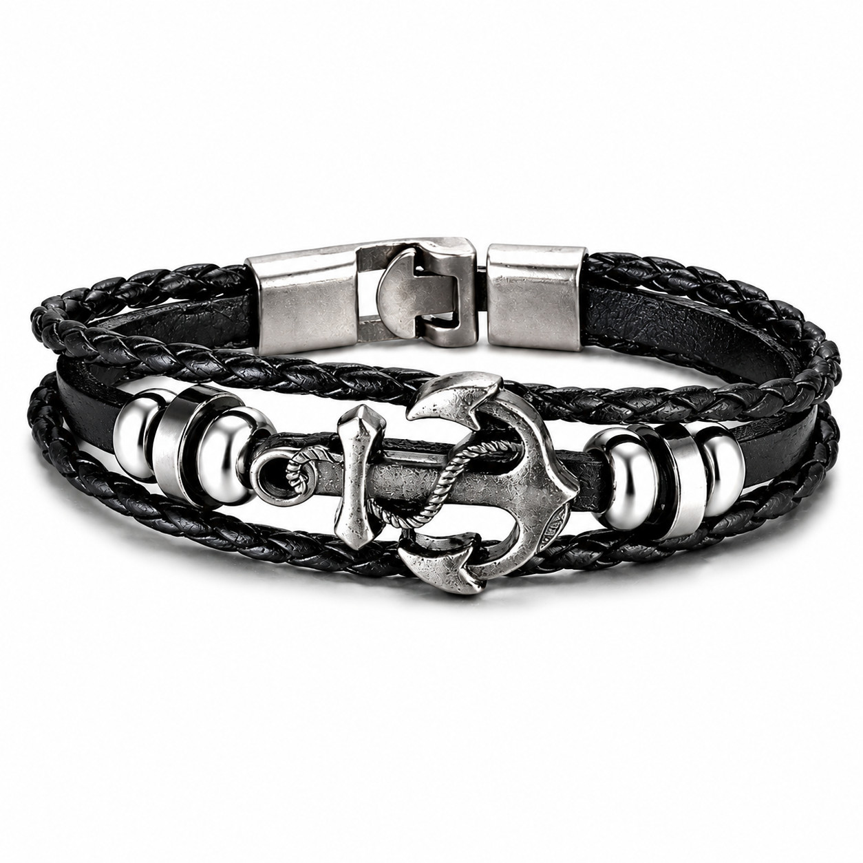 Anchor Leather Bracelet Black Braided Nautical Rope Stainless Steel Wristband Gi