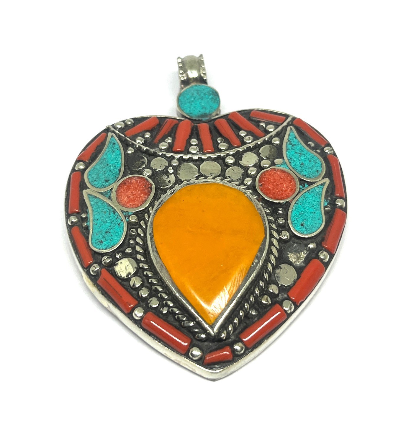 Vintage Coral Turquoise Amber Gemstone Tibetan Style Pendant Jewelry, 2.9 inch