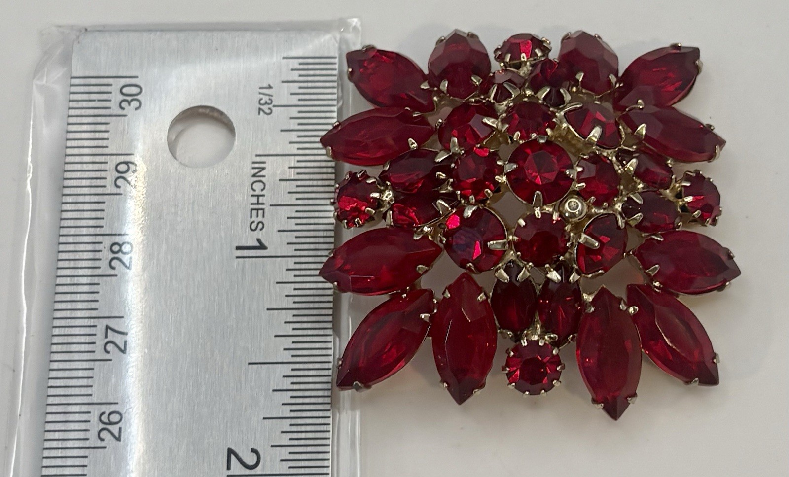 Vintage Ruby Red rhinestone Brooch Juliana Style Layered Red Crystal Gold Tone