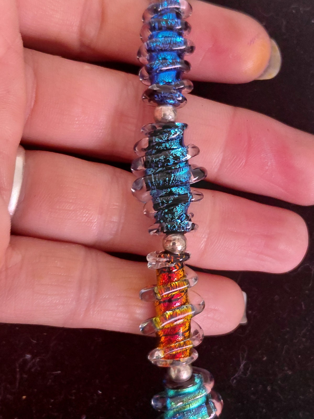 RARE: 1970 HANDMADE DICHROIC GLASS Disk Necklace-Heavy Solid Sterling Hardware
