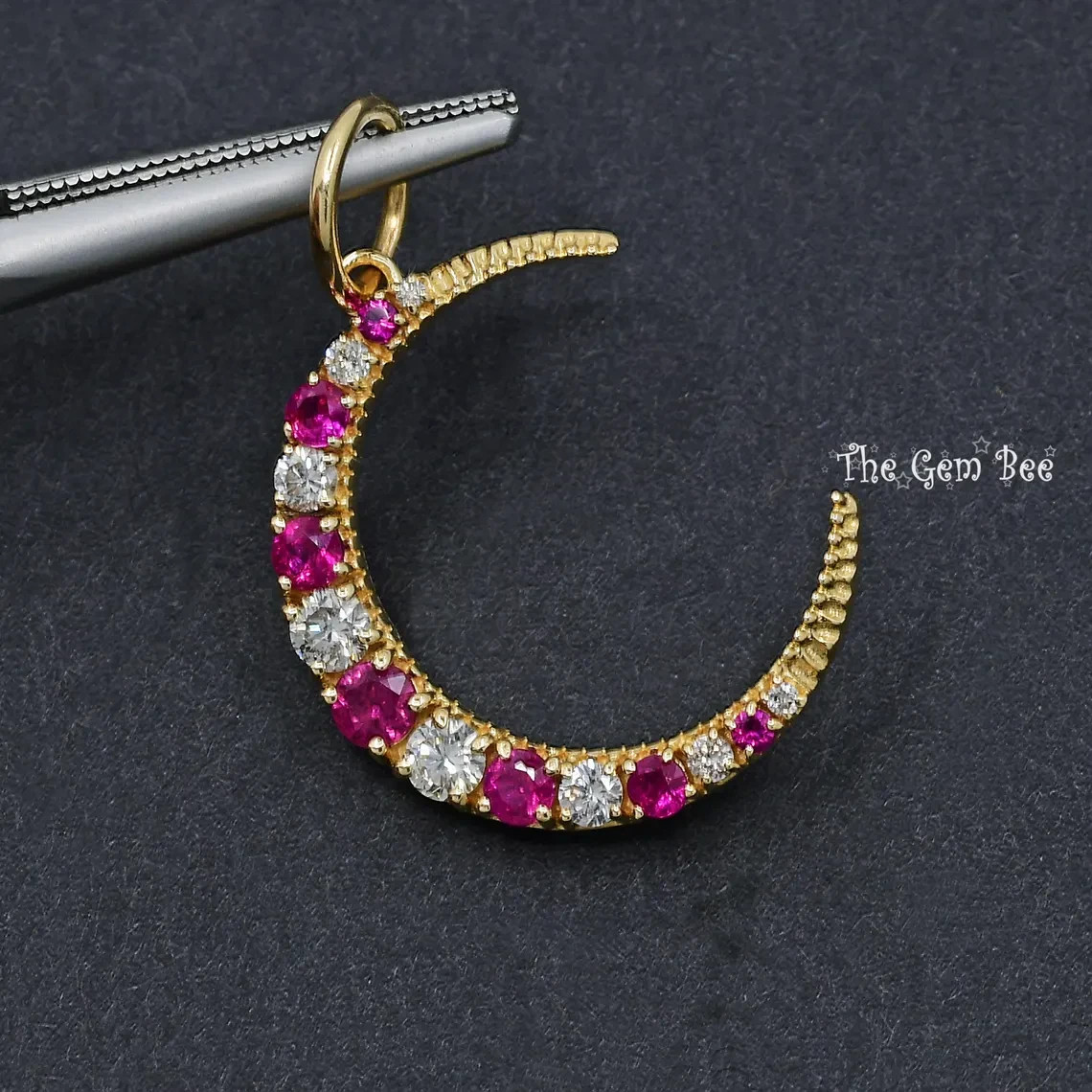 18.5×22.5mm 14K Solid Yellow Gold Diamond Natural Ruby Crescent Moon Charm