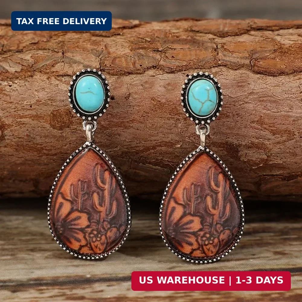 Western Turquoise Teardrop Earrings Rustic Floral Wood Grain Drop Earrings Bohem