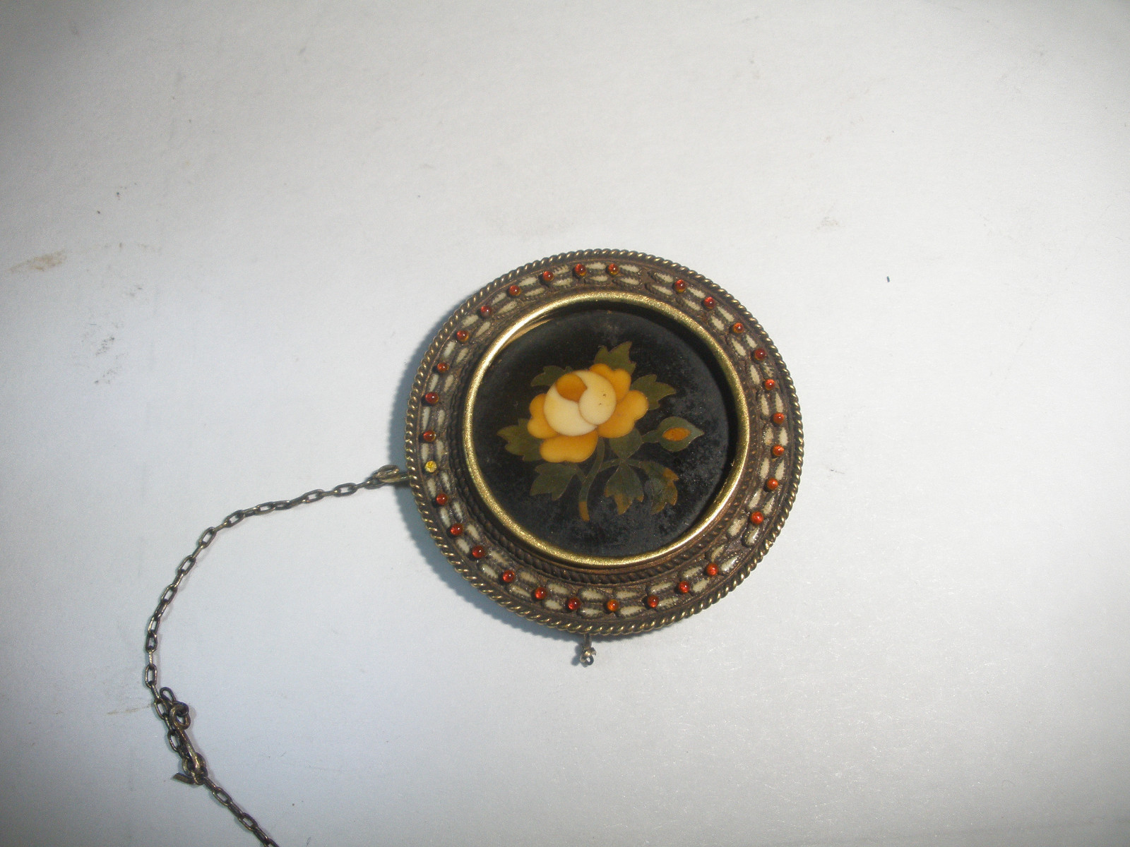 ANTIQUE 1800`s ITALIAN FLOWERS PIETRA DURA IN 10K GOLD ENAMEL PENDANT