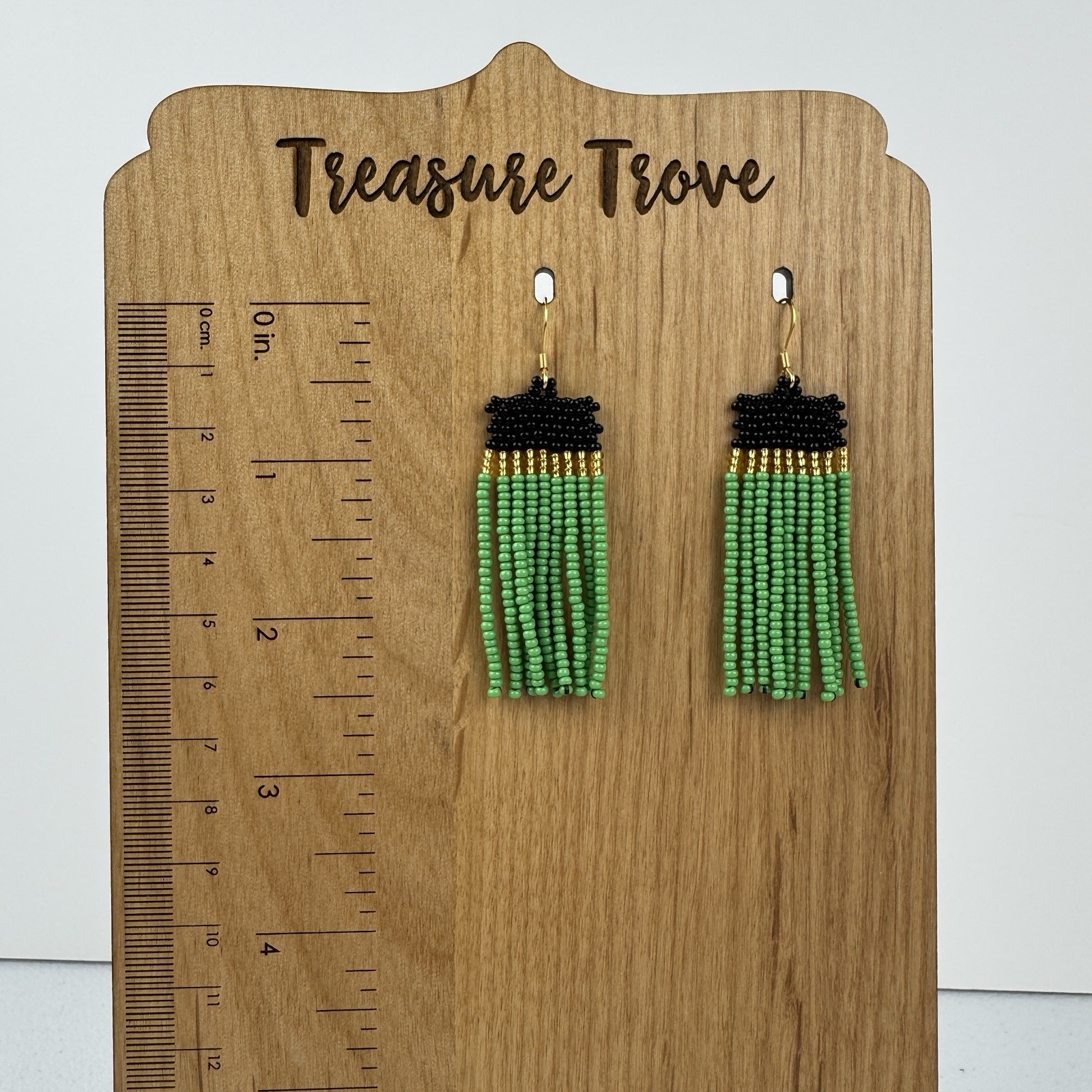 Jamaican Flag Beaded Earrings – Handmade Green, Black & Gold Fringe Dangles