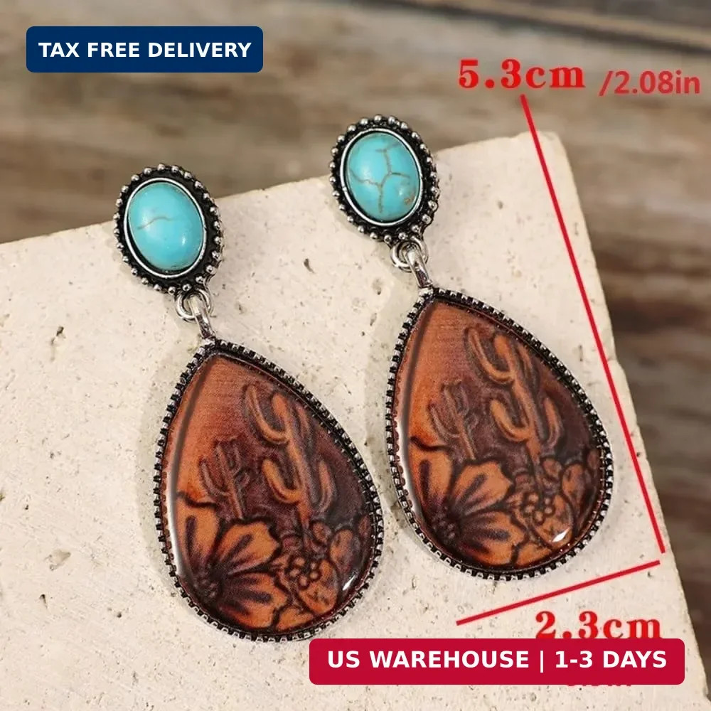 Western Turquoise Teardrop Earrings Rustic Floral Wood Grain Drop Earrings Bohem