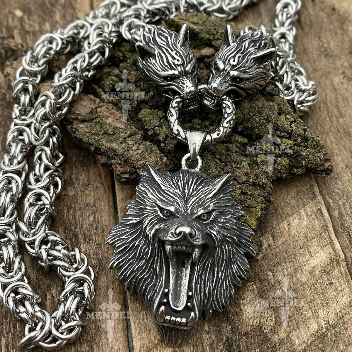 MENDEL Mens 30 Inch Stainless Steel Viking Wolf Head Pendant Necklace Heavy Men