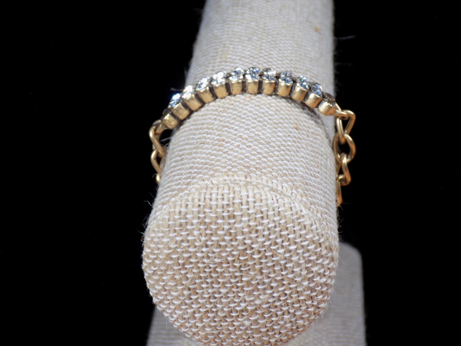 Vintage J Crew Bracelet Gold Tone Curved Bar White Colorless Rhinestones 6.5″