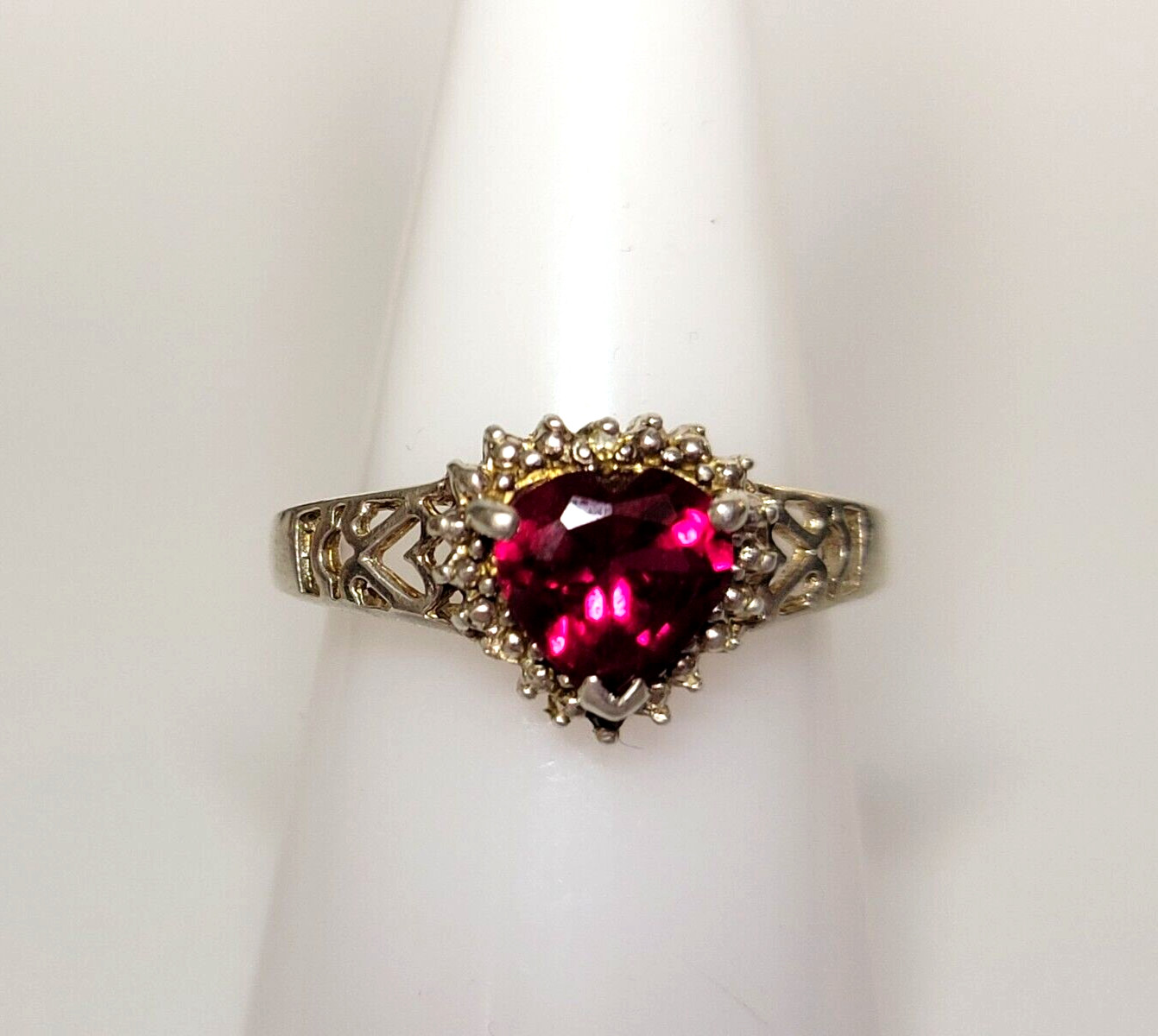 Sterling Silver (.925) Lab Created Ruby Heart & Diamond Accent Ring, Size 7, JJT