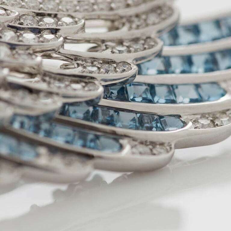 White Round Cut 1.79CT CZ & Calibre Cut 3.36CT Aquamarine Wings Design Earrings
