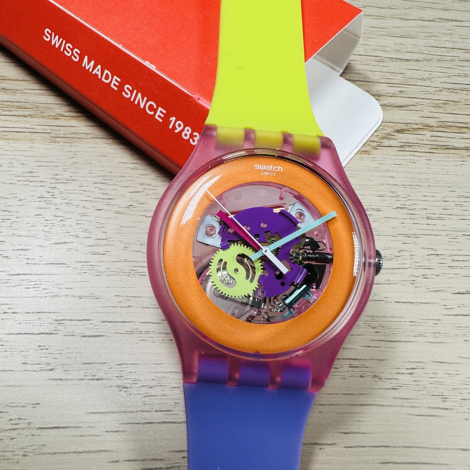 NEW✅ Swatch Dip In Color Orange Skeleton Dial Yellow and Purple Silicone Watch