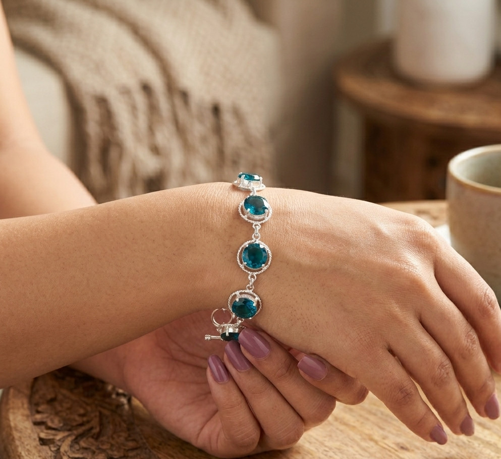 925 Silver Apatite Gemstone Jewelry Handmade Chain Bracelet 7.8″ For Girlfriend