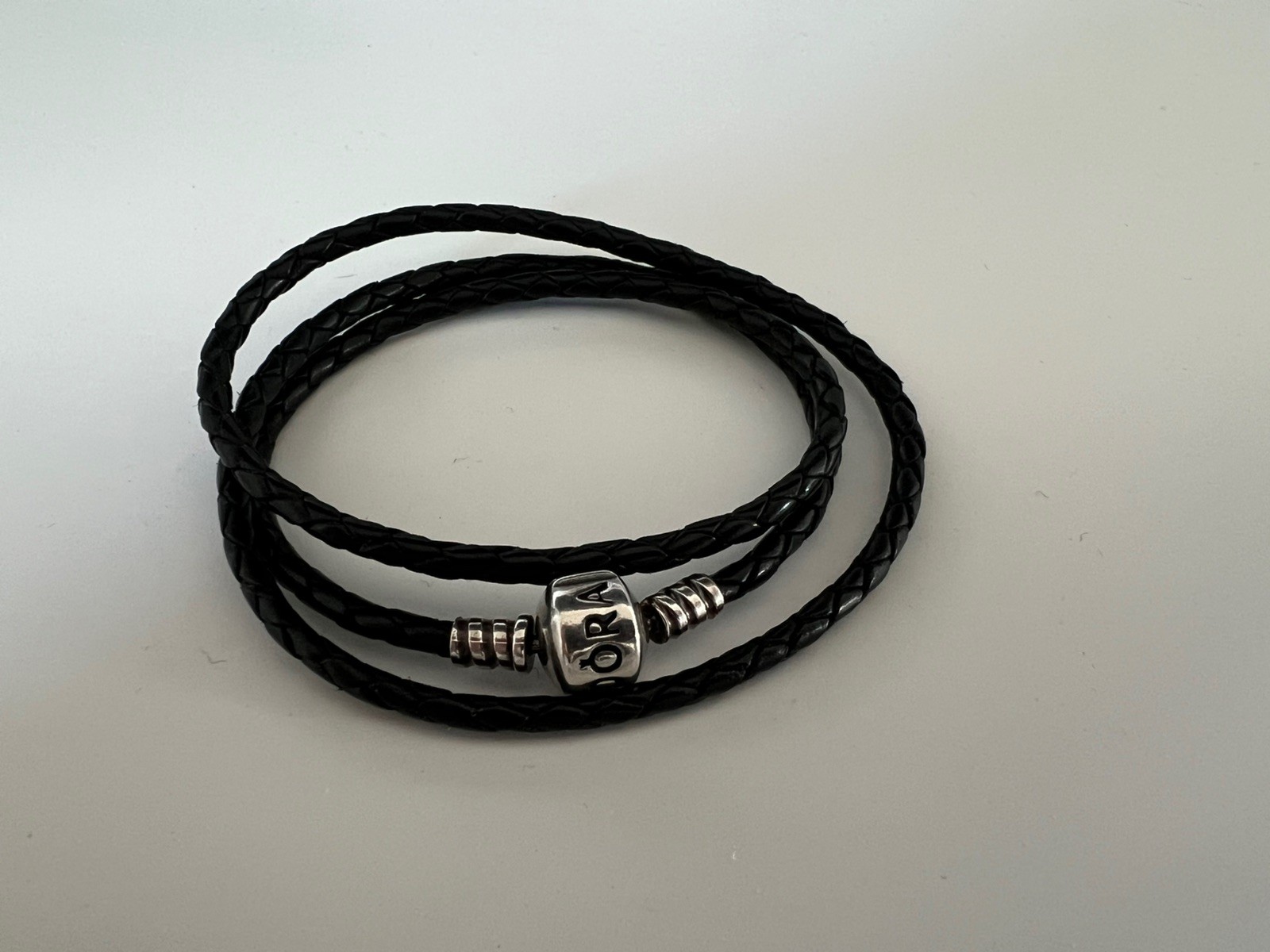 Pandora Black Triple Wraps Leather and Sterling Silver Charm Bracelet 20″ 51cm