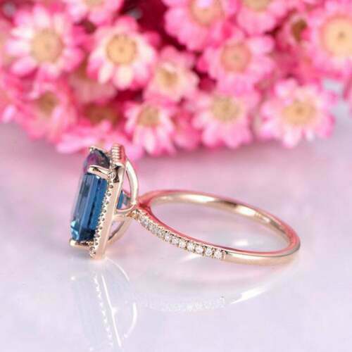 3Ct Simulated Diamond &London Blue Topaz Women Promise Ring 14K Rose Gold Finish