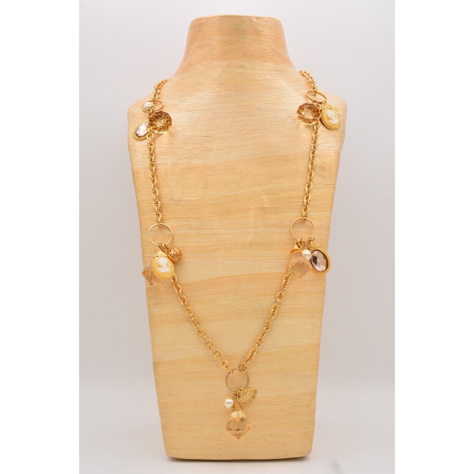 Vintage Station Cameo Necklace Charm Beaded Crystal Gold Chunky 1990s Bin4B