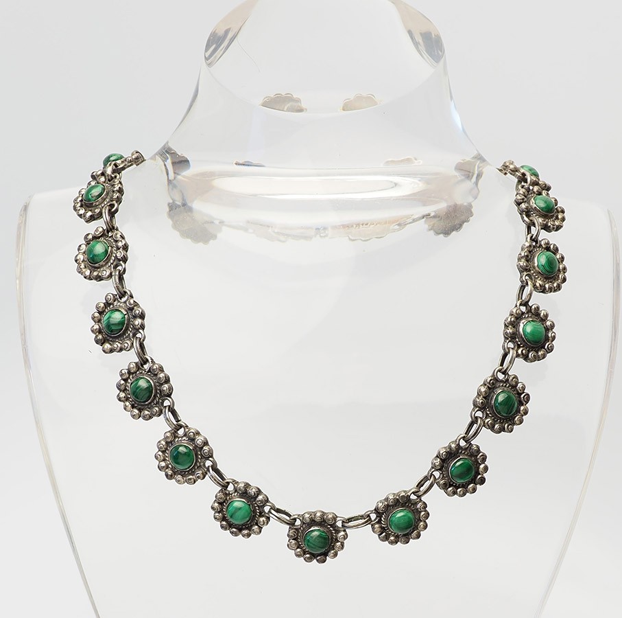 Heavy vintage sterling silver malachite floral link neckalce Taxco