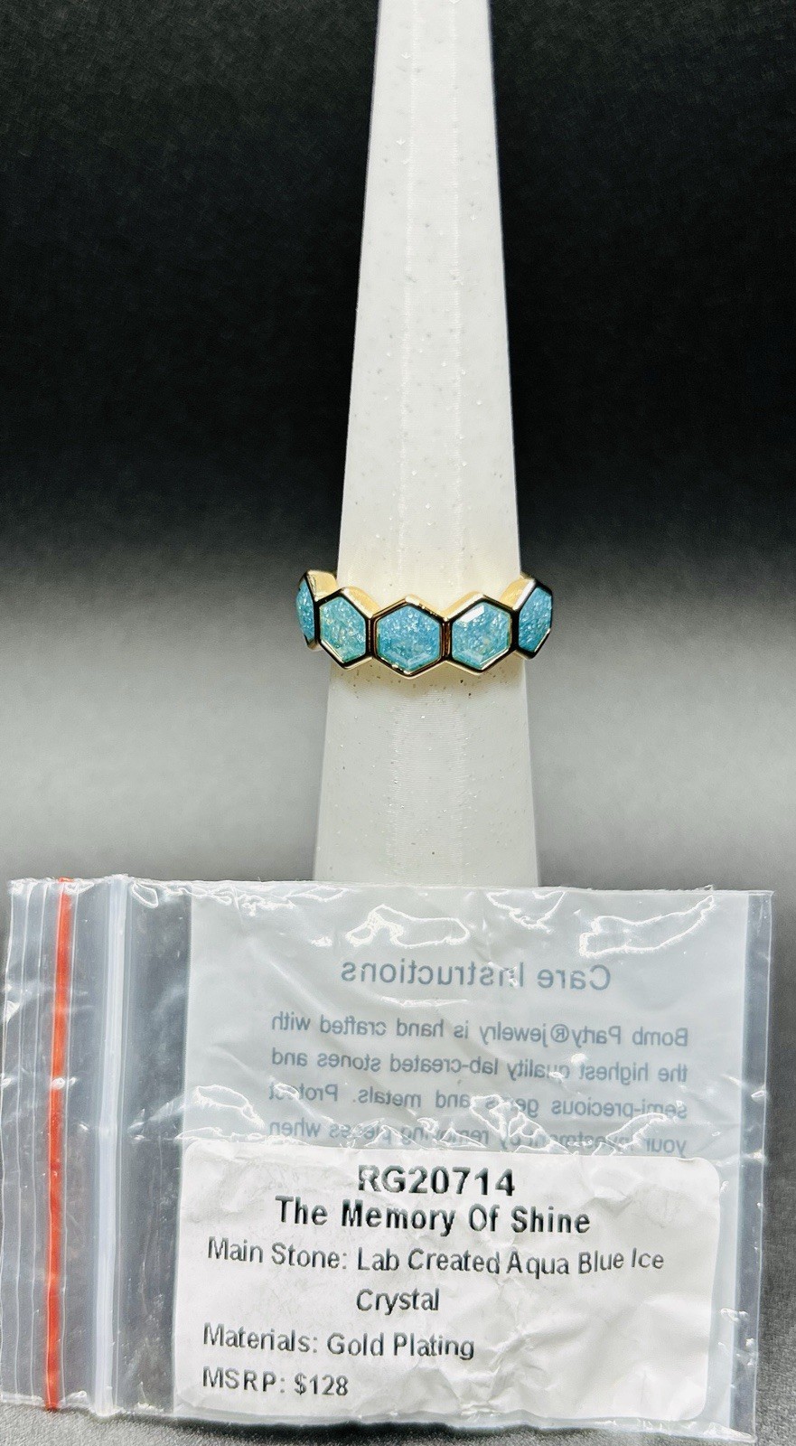 Bomb Party Ring Sz 7 RG20714 ‘The Memory Of Shine’ LC Aqua Blue Ice Crystal Gold