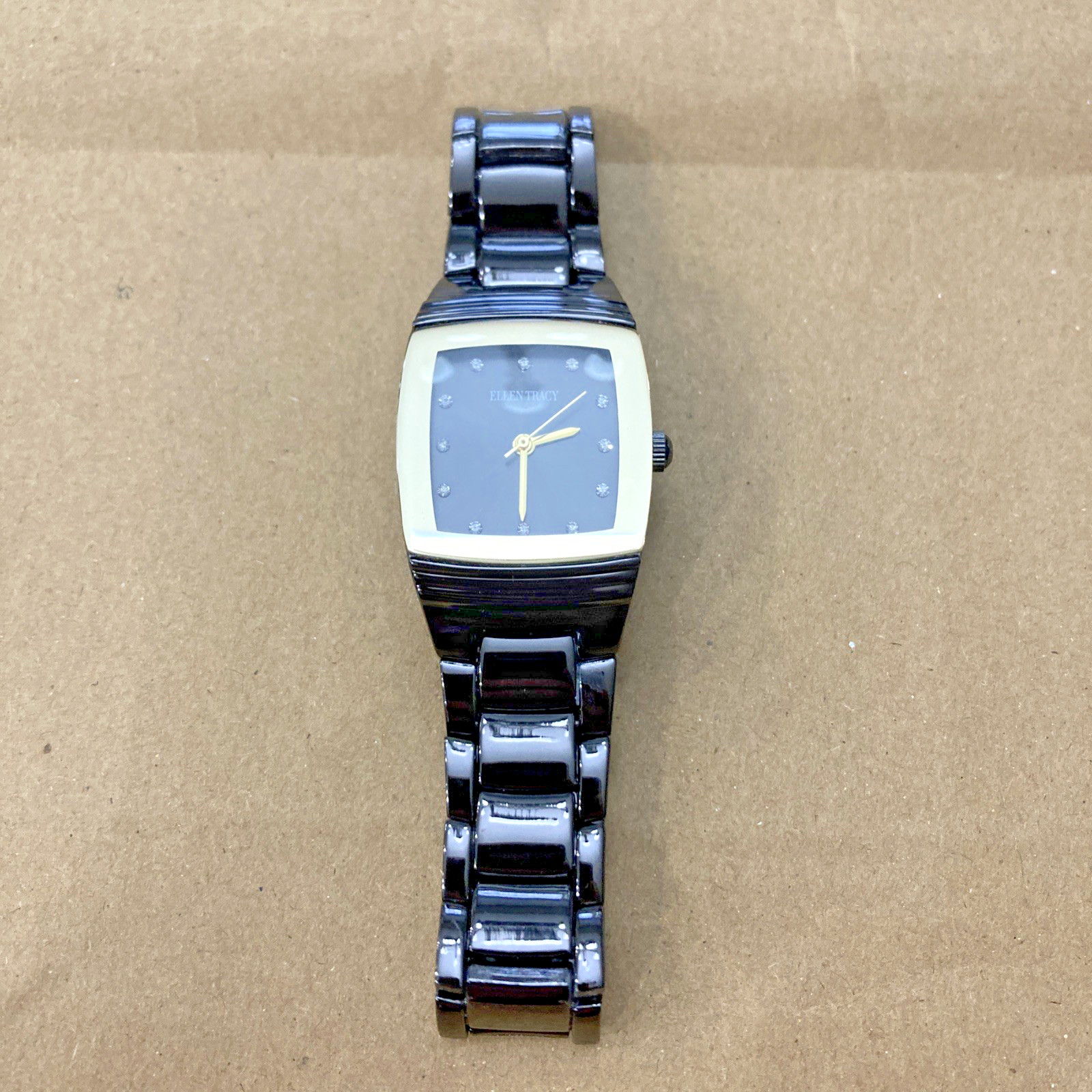 NWOB ELLEN TRACY 24mm Polished Black Tonneau Bezel Bracelet Watch ET5436GU