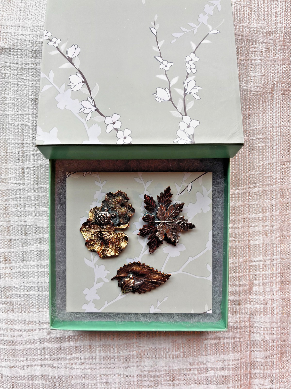 3 Vintage Leaf-Shaped Metal Brooches with Varies Patinas
