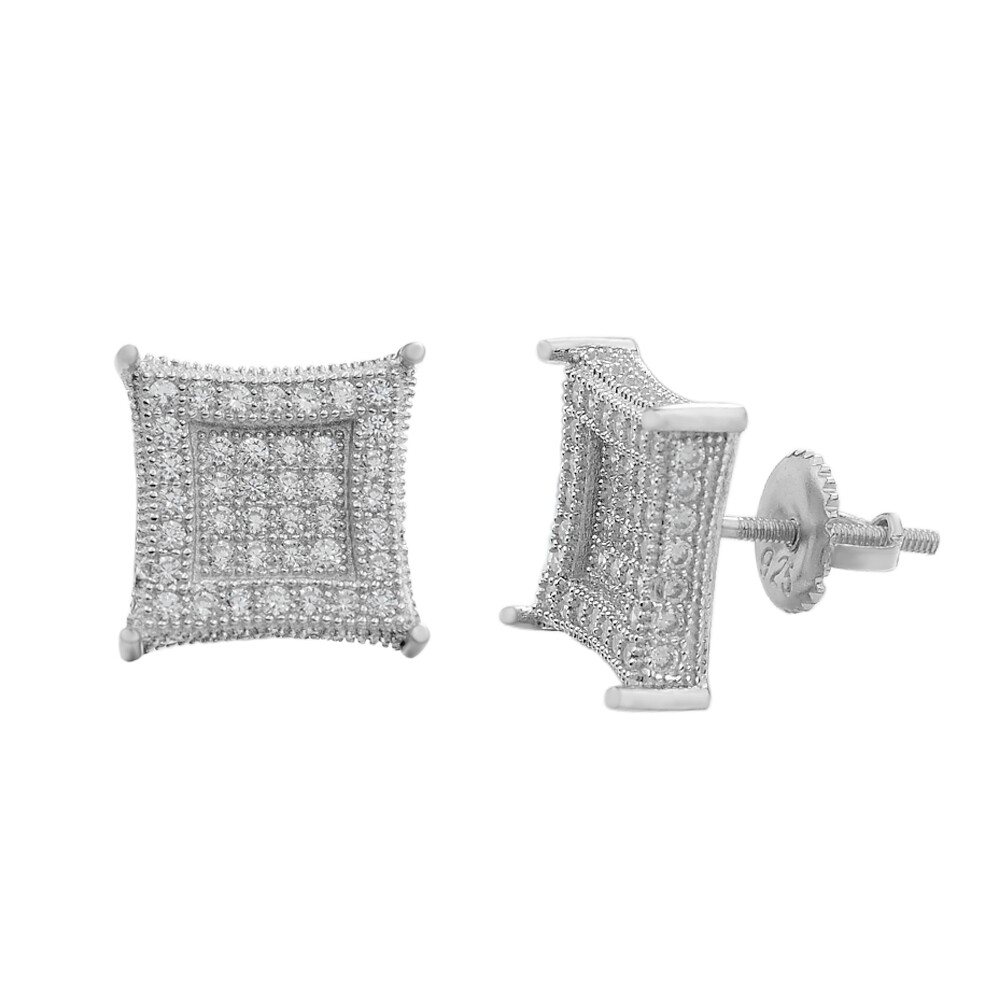 Mens Real 925 Solid Sterling Silver Kite CZ Hip Hop Iced Square Earrings 11mm