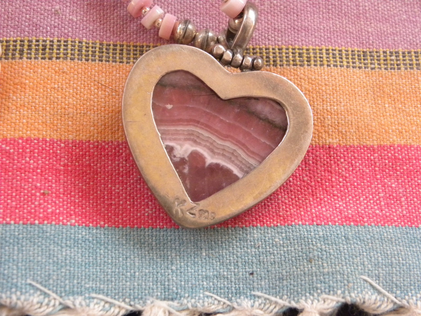 RHODOCHROSITE SIGNED STERLING HEART PENDANT QUEEN CONCH NECKLACE 20″