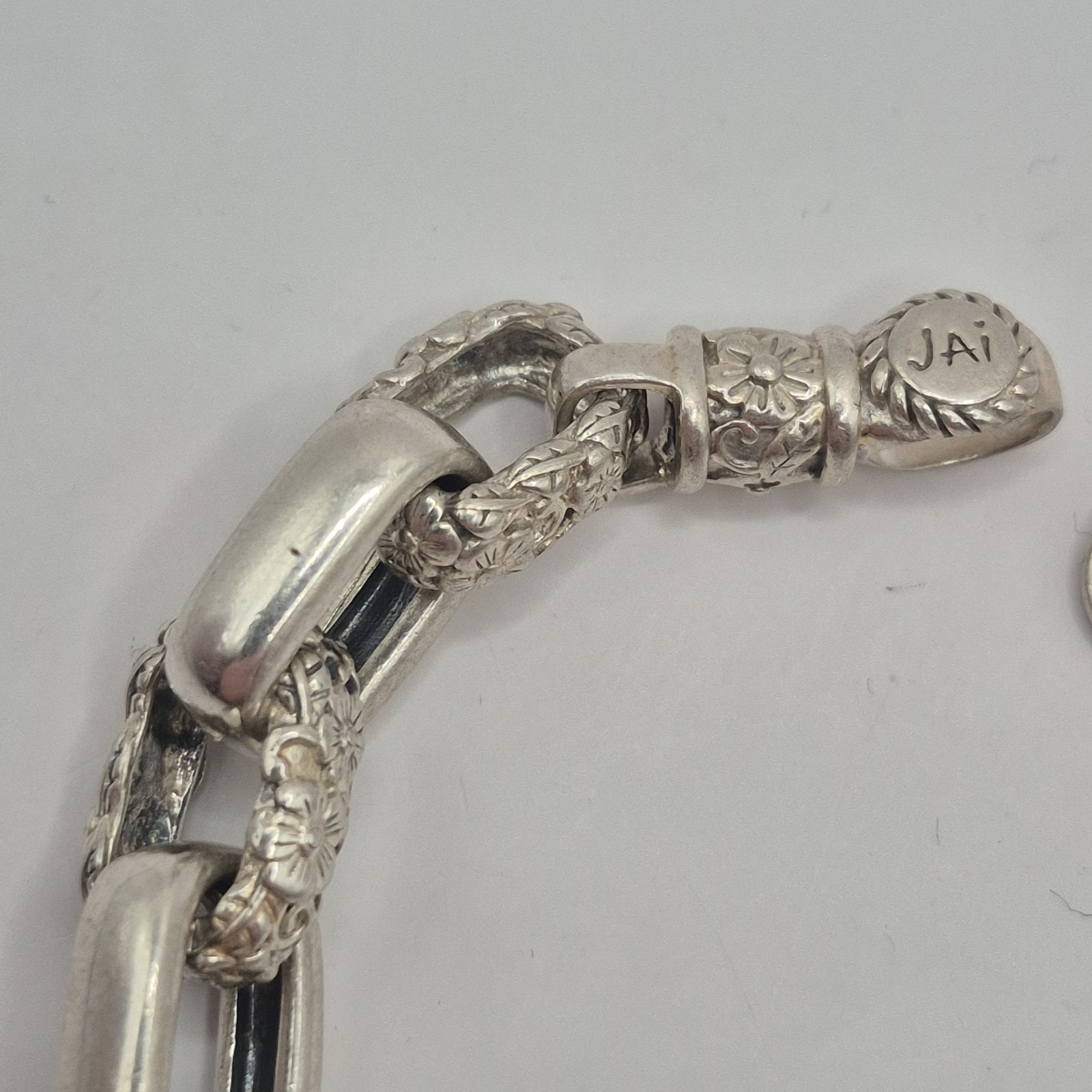 JAI Sterling Silver Chain Curb Link 44g Floral Link Motif Bracelet 925 6.75″
