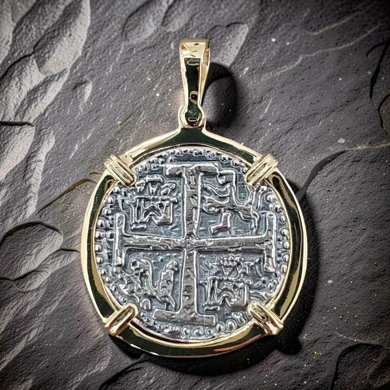Atocha Shipwreck Silver Coin Pendant Solid 14k Gold Frame Museum Quality