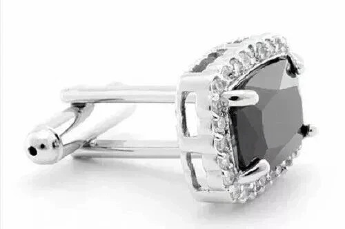 4Ct Cushion Cut Lab Created Black Diamond Men’s Cufflinks 14K White Gold Plated
