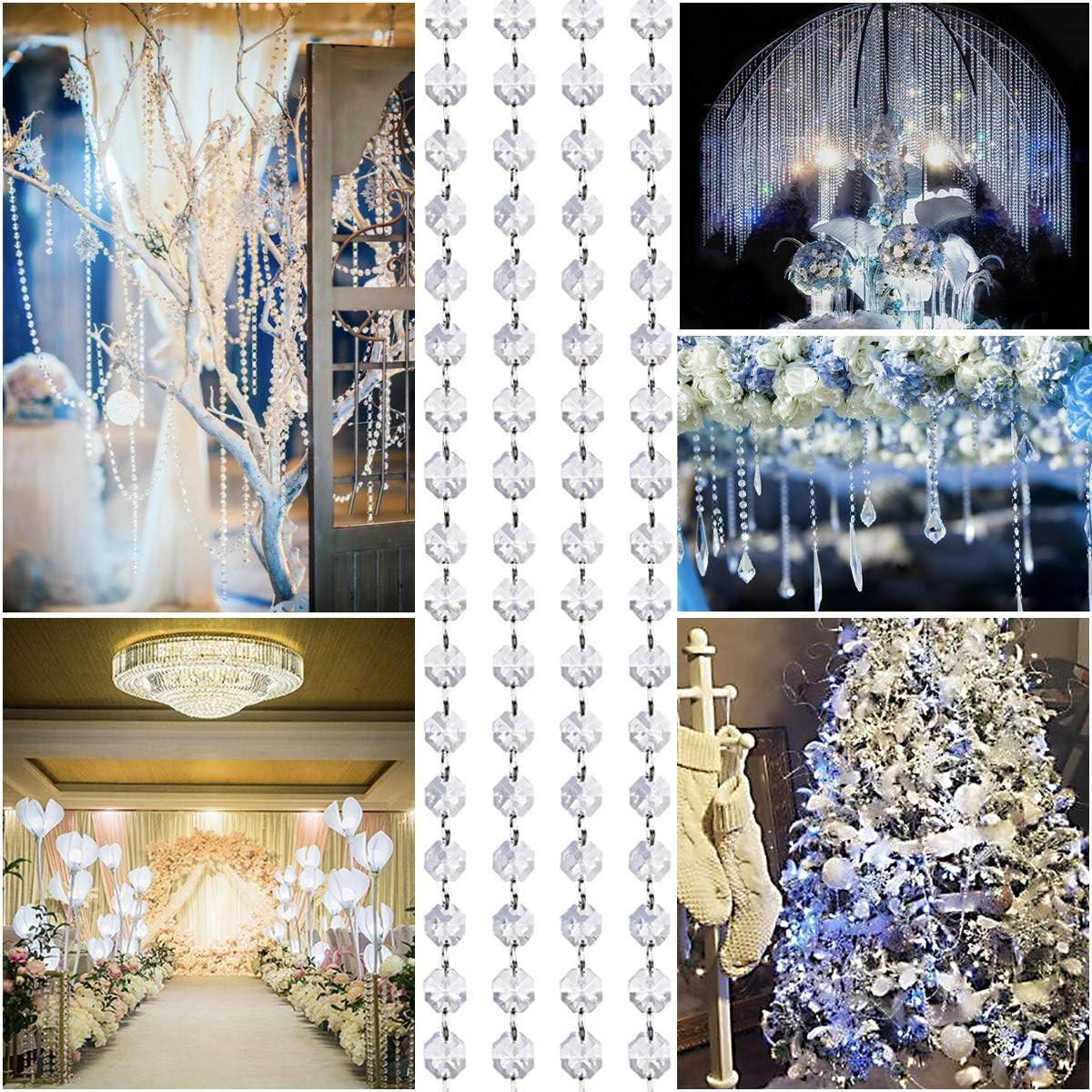 99Ft Acrylic Crystal Garland Strands – Hanging Chandelier Gem Bead Chain – 14Mm